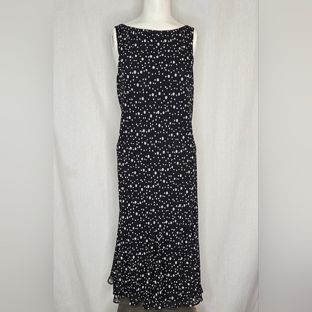 Ralph Lauren Chaps Black & White Polka Dot Ruffle Midi Coctail Dress Size‎ 12